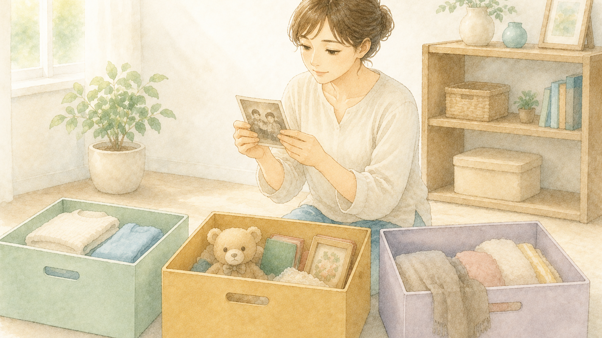 物を減らして明るく整った部屋で、すっきりした空間を穏やかな表情で眺める女性