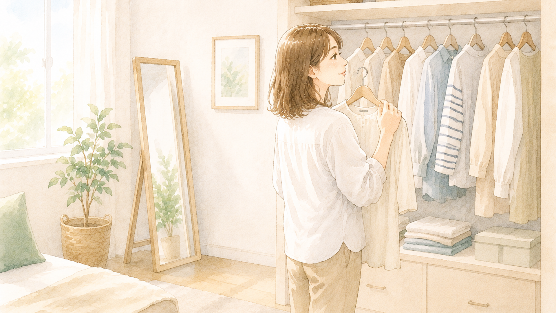 すっきりした明るい部屋でスマートフォンを置き、これからの友人関係や心地よい距離感について穏やかに考える女性