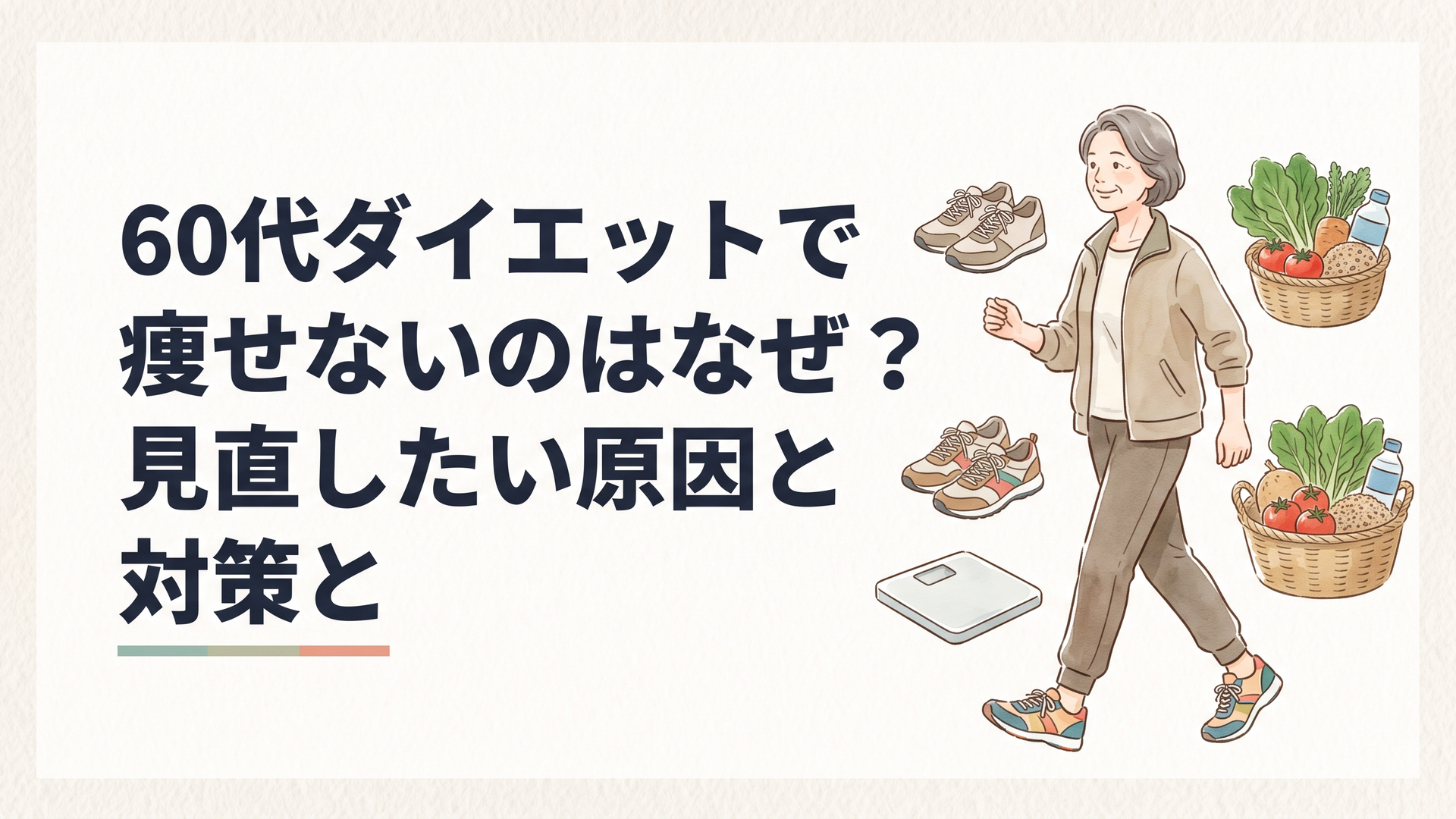 体重計の数字に一喜一憂せずウォーキングシューズと健康的な食事を前に生活習慣を見直す60代女性