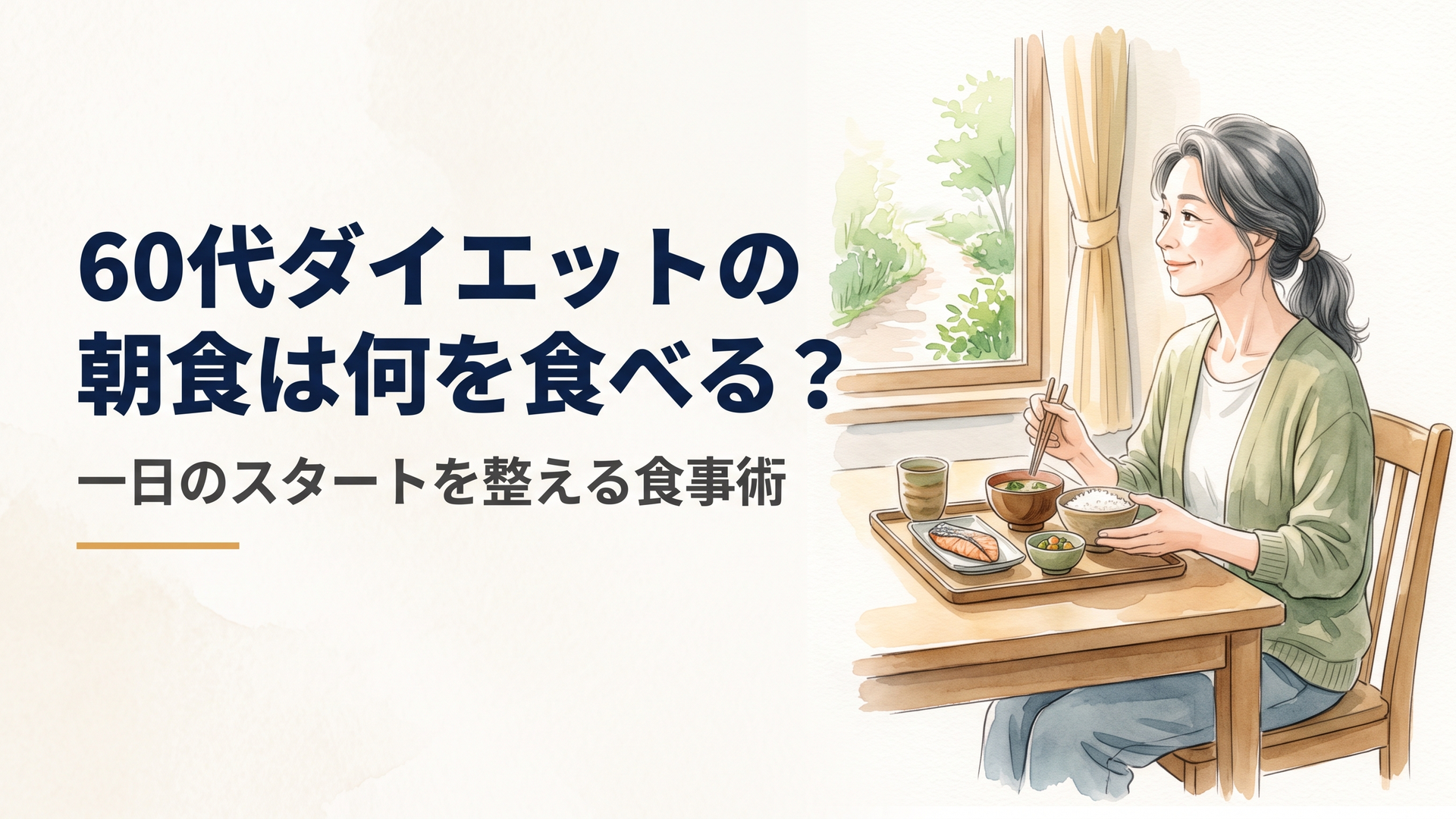 朝の光が差す食卓で、ごはんと味噌汁と焼き魚の朝食をとりながら、窓の外の散歩道を眺める60代女性